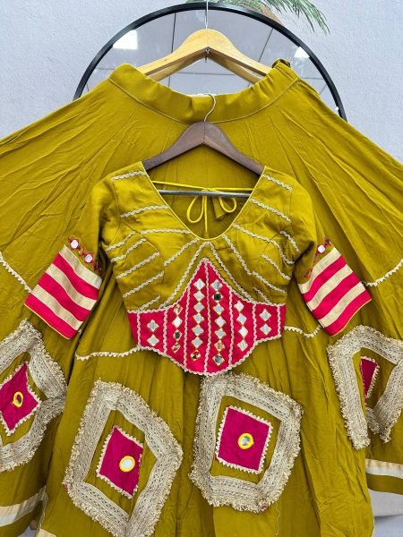 Mesmerizing Mustard Yellow Cotton Mirror Work Lehenga with Ready to Wear Stitched Top Navratri Lehnega Choli