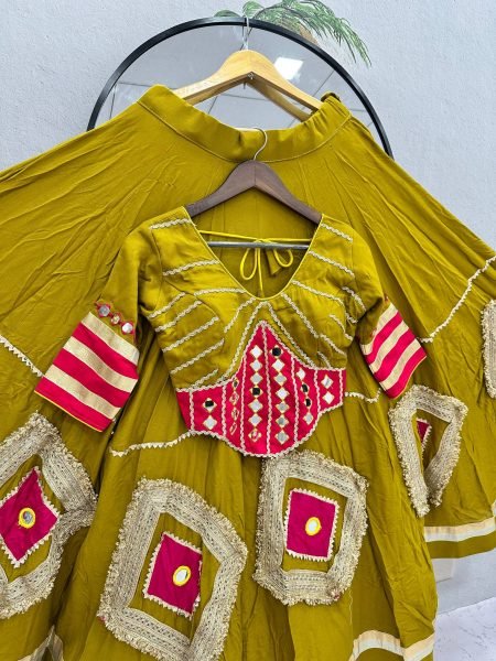 Mesmerizing Mustard Yellow Cotton Mirror Work Lehenga with Ready to Wear Stitched Top Navratri Lehnega Choli