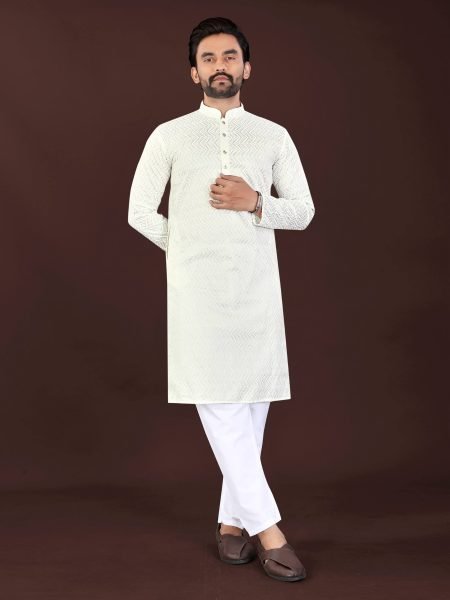 Mesmerizing OffWhite Men's Premium Cotton Kurta with Original Lucknowi Chikankari Work 