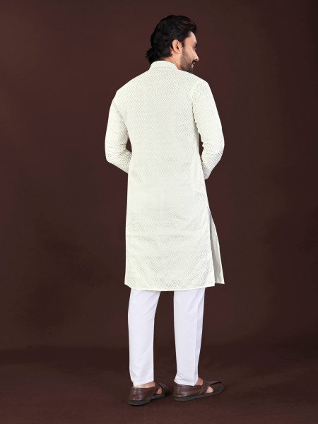 Mesmerizing OffWhite Men's Premium Cotton Kurta with Original Lucknowi Chikankari Work Kurta Pajama Wholesale