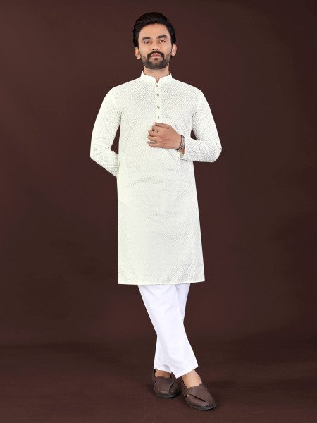 Mesmerizing OffWhite Men's Premium Cotton Kurta with Original Lucknowi Chikankari Work Kurta Pajama Wholesale