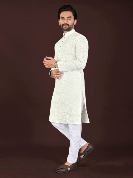 Mesmerizing OffWhite Men's Premium Cotton Kurta with Original Lucknowi Chikankari Work Kurta Pajama Wholesale