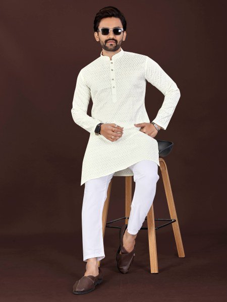 Mesmerizing OffWhite Men's Premium Cotton Kurta with Original Lucknowi Chikankari Work Kurta Pajama Wholesale