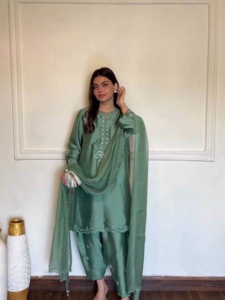 Mesmerizing  Olive Green American Silk Traditional Suit for Weddings   Celebrations using Thread work Ready To Wear Suit