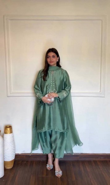Mesmerizing  Olive Green American Silk Traditional Suit for Weddings   Celebrations using Thread work Ready To Wear Collection