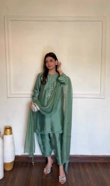 Mesmerizing  Olive Green American Silk Traditional Suit for Weddings   Celebrations using Thread work Ready To Wear Collection