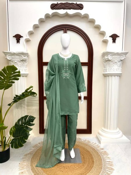 Mesmerizing  Olive Green American Silk Traditional Suit for Weddings   Celebrations using Thread work Ready To Wear Collection