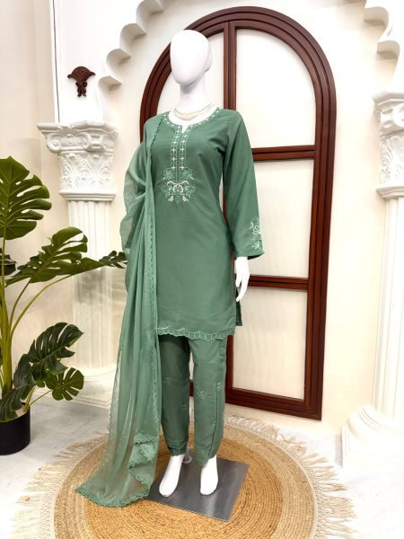 Mesmerizing  Olive Green American Silk Traditional Suit for Weddings   Celebrations using Thread work Ready To Wear Collection