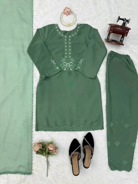 Mesmerizing  Olive Green American Silk Traditional Suit for Weddings   Celebrations using Thread work Ready To Wear Collection