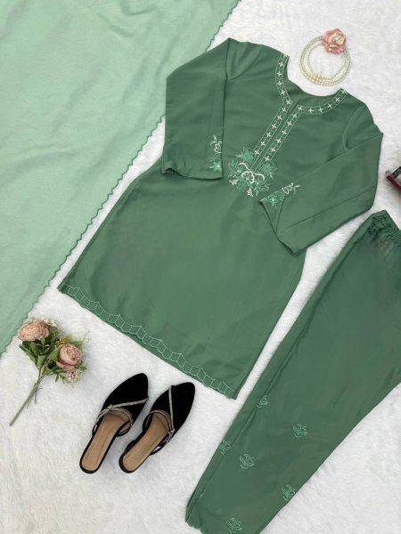 Mesmerizing  Olive Green American Silk Traditional Suit for Weddings   Celebrations using Thread work Ready To Wear Collection