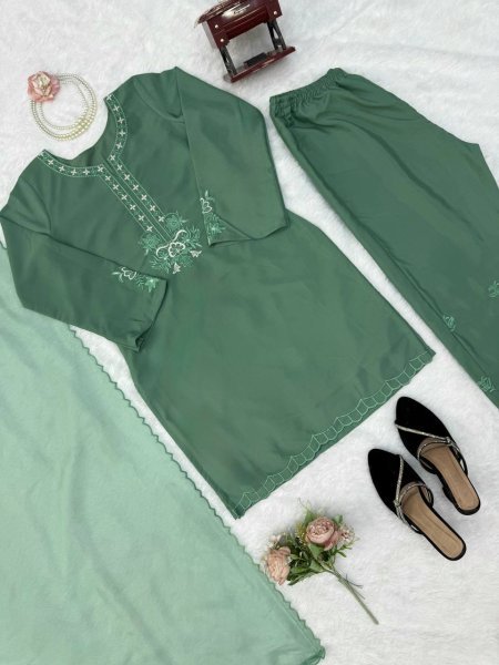 Mesmerizing  Olive Green American Silk Traditional Suit for Weddings   Celebrations using Thread work Ready To Wear Collection