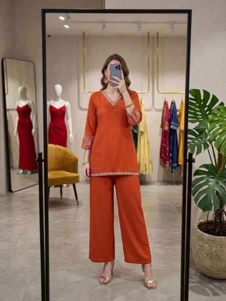 Mesmerizing Orange Cotton Kurti Pant Set with Embroidery Work for Daily Wear Kurtis
