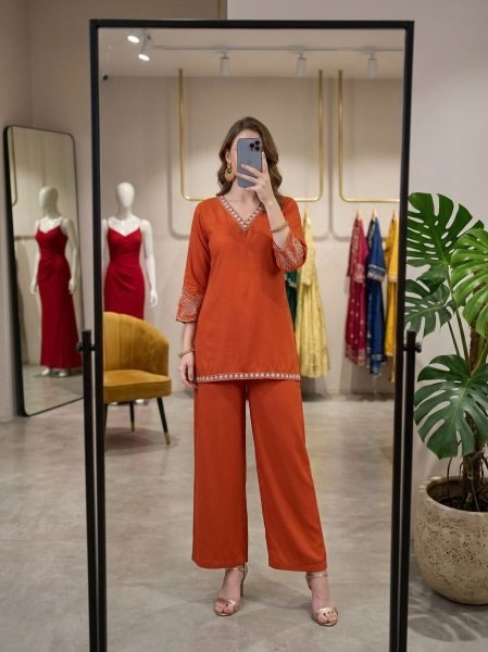 Mesmerizing Orange Cotton Kurti Pant Set with Embroidery Work for Daily Wear CO ORD Sets