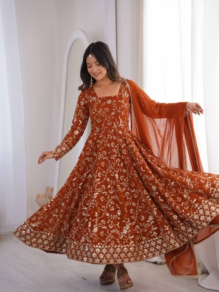 Mesmerizing Orange Faux Georgette Anarkali Gown Set with Dupatta Using Embroidery Work For Wedding Wear 