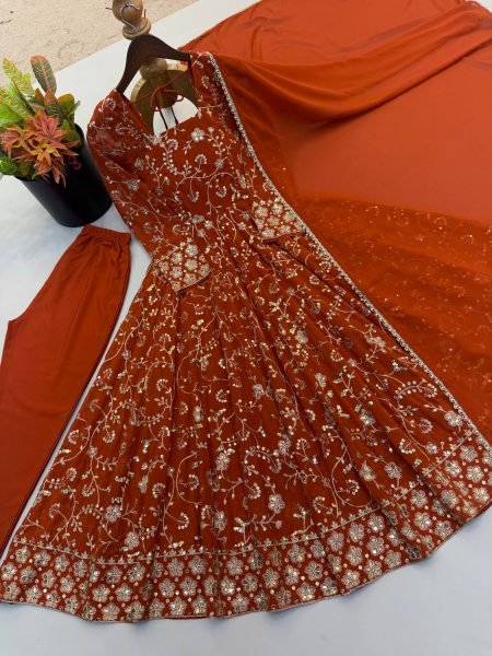 Mesmerizing Orange Faux Georgette Anarkali Gown Set with Dupatta Using Embroidery Work For Wedding Wear Ready To Wear Collection