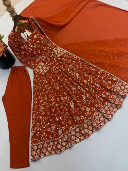 Mesmerizing Orange Faux Georgette Anarkali Gown Set with Dupatta Using Embroidery Work For Wedding Wear Ready To Wear Collection
