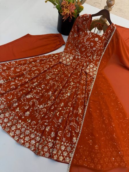 Mesmerizing Orange Faux Georgette Anarkali Gown Set with Dupatta Using Embroidery Work For Wedding Wear Ready To Wear Collection