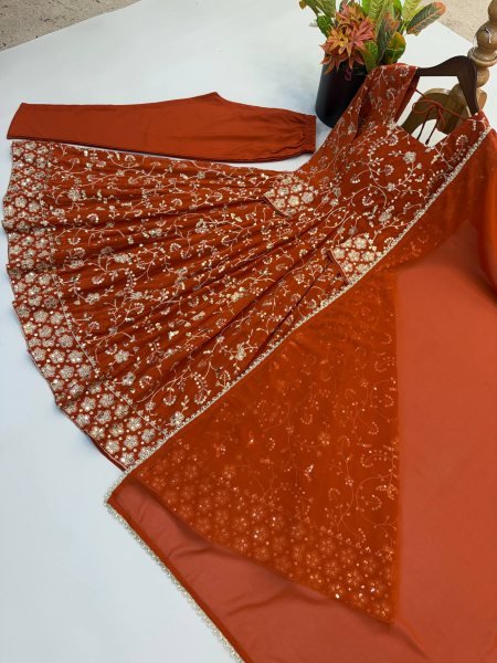 Mesmerizing Orange Faux Georgette Anarkali Gown Set with Dupatta Using Embroidery Work For Wedding Wear Ready To Wear Collection