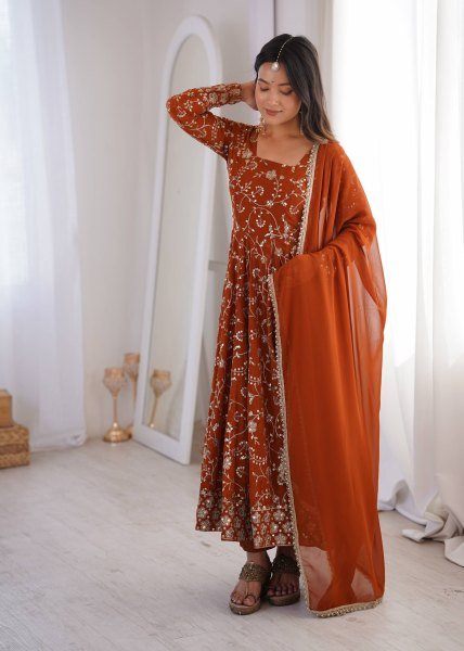 Mesmerizing Orange Faux Georgette Anarkali Gown Set with Dupatta Using Embroidery Work For Wedding Wear Ready To Wear Collection
