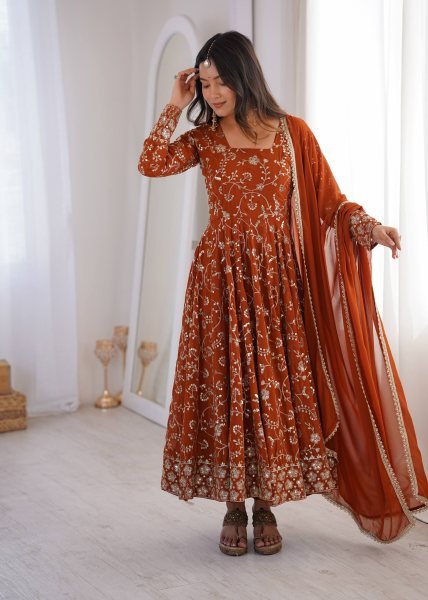 Mesmerizing Orange Faux Georgette Anarkali Gown Set with Dupatta Using Embroidery Work For Wedding Wear Ready To Wear Collection