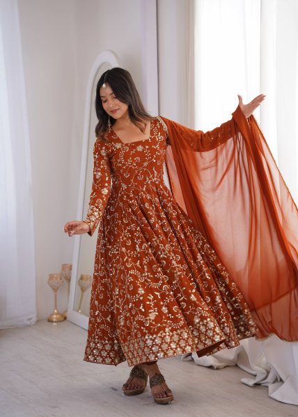 Mesmerizing Orange Faux Georgette Anarkali Gown Set with Dupatta Using Embroidery Work For Wedding Wear Ready To Wear Collection