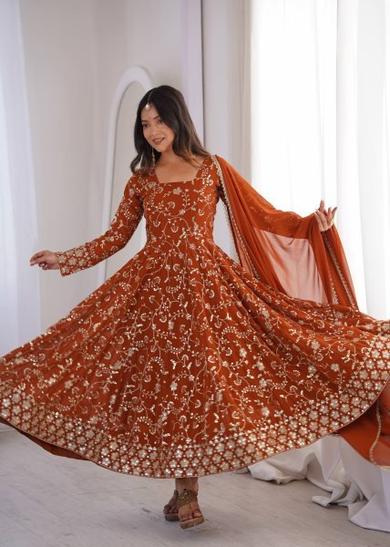 Mesmerizing Orange Faux Georgette Anarkali Gown Set with Dupatta Using Embroidery Work For Wedding Wear Ready To Wear Collection