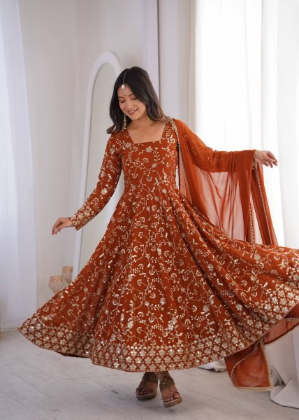 Mesmerizing Orange Faux Georgette Anarkali Gown Set with Dupatta Using Embroidery Work For Wedding Wear Ready To Wear Collection