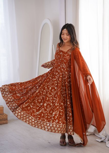 Mesmerizing Orange Faux Georgette Anarkali Gown Set with Dupatta Using Embroidery Work For Wedding Wear Ready To Wear Collection