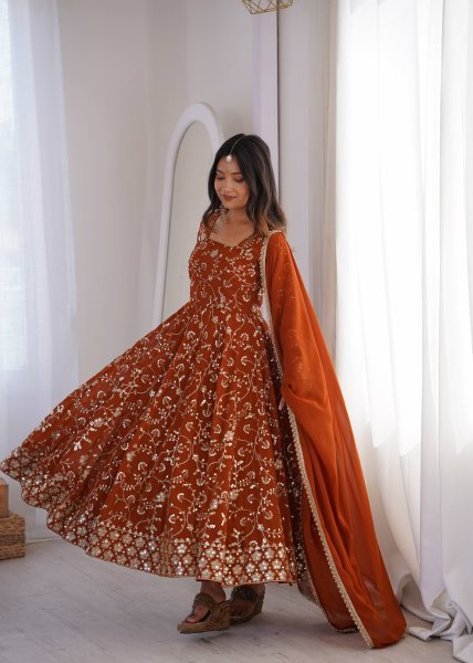 Mesmerizing Orange Faux Georgette Anarkali Gown Set with Dupatta Using Embroidery Work For Wedding Wear Ready To Wear Collection