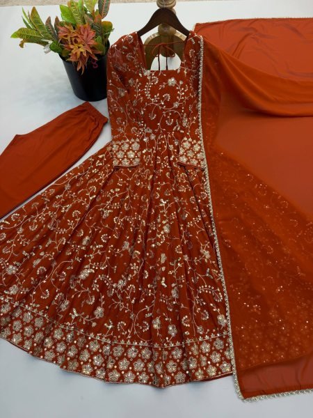 Mesmerizing Orange Faux Georgette Anarkali Gown Set with Dupatta Using Embroidery Work For Wedding Wear Ready To Wear Collection