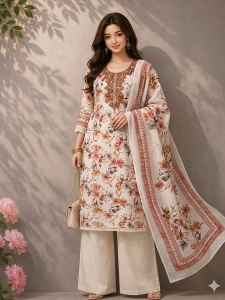 Mesmerizing Orange Lilan Cotton Suit Set with Stylish Beat Work for Traditional Occasions Dress Material 