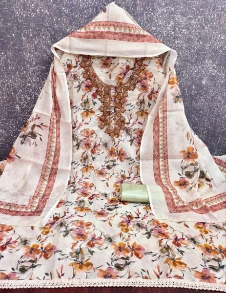 Mesmerizing Orange Lilan Cotton Suit Set with Stylish Beat Work for Traditional Occasions Punjabi Dress Materials Wholesale