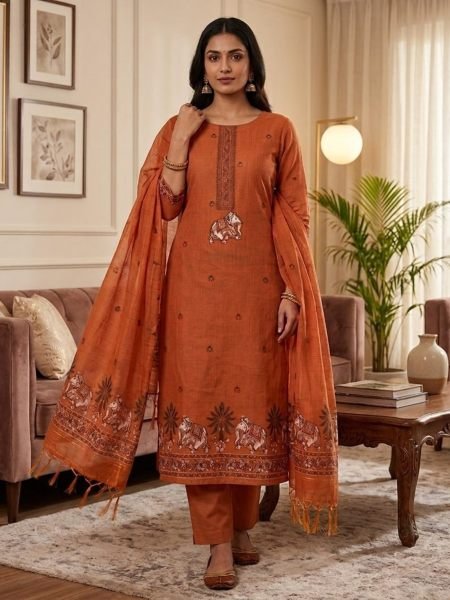 Mesmerizing Orange Muga Cotton Jamdani Pichwai Weaving 3 Piece Salwar Suit Dress Material  Dress Material 