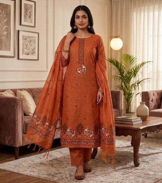 Mesmerizing Orange Muga Cotton Jamdani Pichwai Weaving 3 Piece Salwar Suit Dress Material  Color Set Matching Dress Material Wholesale