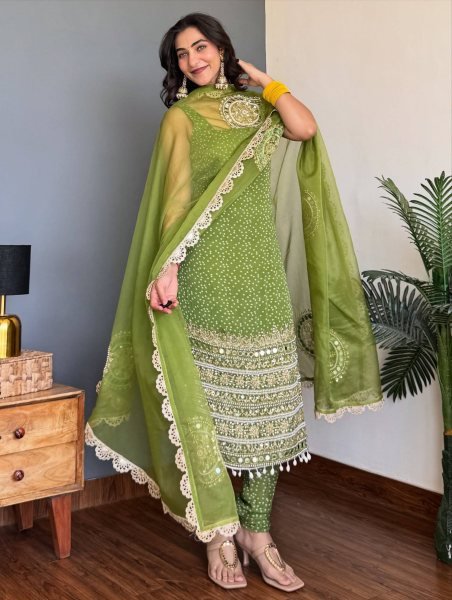 Mesmerizing Parrot Green Bandhani Faux Georgette Kurti Set with Real Mirror Work  Dupatta for Wedding Wear  Straight Cut Long Kurtis