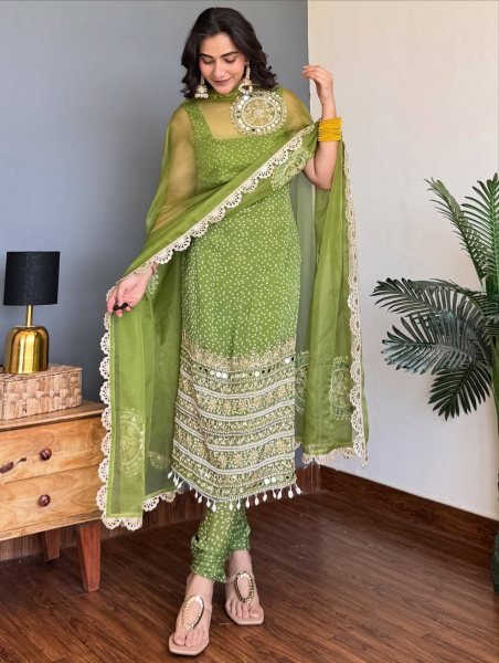 Mesmerizing Parrot Green Bandhani Faux Georgette Kurti Set with Real Mirror Work  Dupatta for Wedding Wear  Straight Cut Long Kurtis