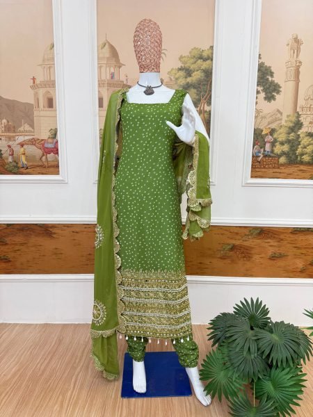 Mesmerizing Parrot Green Bandhani Faux Georgette Kurti Set with Real Mirror Work  Dupatta for Wedding Wear  Straight Cut Long Kurtis