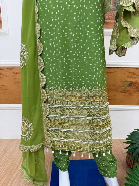 Mesmerizing Parrot Green Bandhani Faux Georgette Kurti Set with Real Mirror Work  Dupatta for Wedding Wear  Straight Cut Long Kurtis