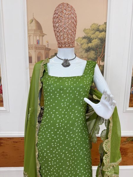 Mesmerizing Parrot Green Bandhani Faux Georgette Kurti Set with Real Mirror Work  Dupatta for Wedding Wear  Straight Cut Long Kurtis