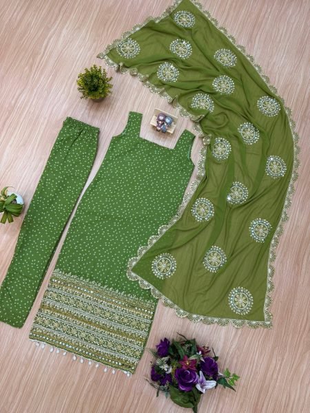Mesmerizing Parrot Green Bandhani Faux Georgette Kurti Set with Real Mirror Work  Dupatta for Wedding Wear  Straight Cut Long Kurtis