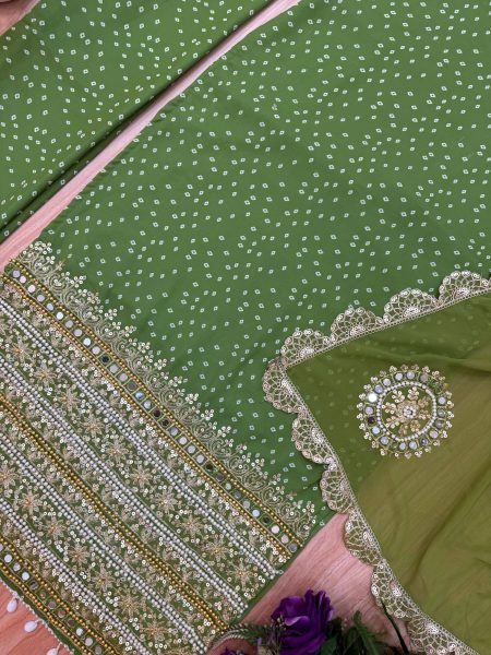 Mesmerizing Parrot Green Bandhani Faux Georgette Kurti Set with Real Mirror Work  Dupatta for Wedding Wear  Straight Cut Long Kurtis