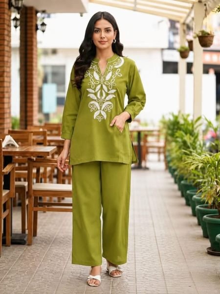 Mesmerizing Parrot Green Ready to Wear Cotton Flex Co Ord Set for Office Wear Kurtis