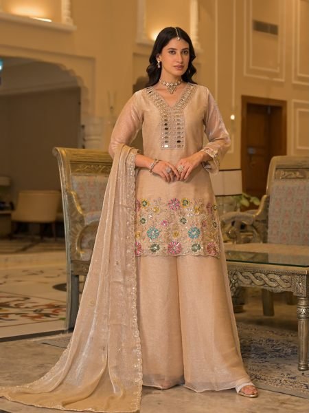 Mesmerizing Peach Crush Satin 3 Piece Suit with Beads  Mirror and Embroidery Work at Direct Factory Price 