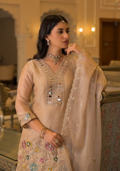 Mesmerizing Peach Crush Satin 3 Piece Suit with Beads  Mirror and Embroidery Work at Direct Factory Price Designer Plazzo Salwar Suits Wholesale