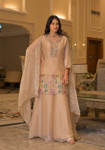 Mesmerizing Peach Crush Satin 3 Piece Suit with Beads  Mirror and Embroidery Work at Direct Factory Price Designer Plazzo Salwar Suits Wholesale