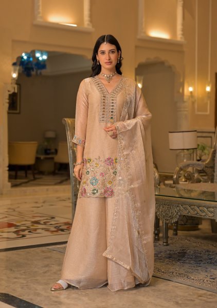 Mesmerizing Peach Crush Satin 3 Piece Suit with Beads  Mirror and Embroidery Work at Direct Factory Price Designer Plazzo Salwar Suits Wholesale