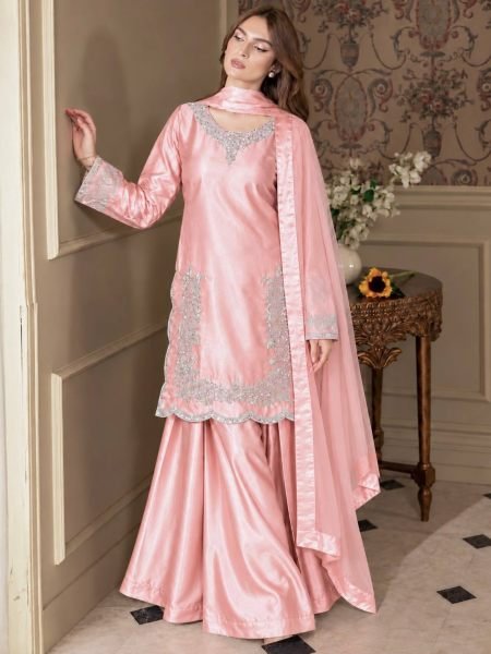 Mesmerizing Peach Designer Pure Devsena Silk Embroidery Sequin Top Plazzo Dupatta Set 