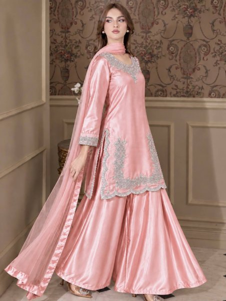 Mesmerizing Peach Designer Pure Devsena Silk Embroidery Sequin Top Plazzo Dupatta Set Ready To Wear Collection