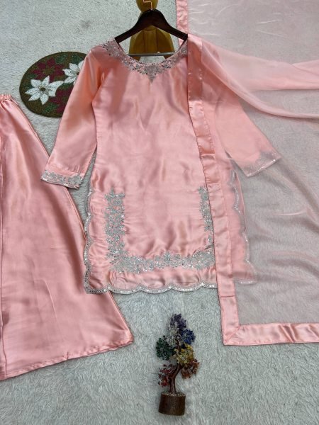 Mesmerizing Peach Designer Pure Devsena Silk Embroidery Sequin Top Plazzo Dupatta Set Ready To Wear Collection