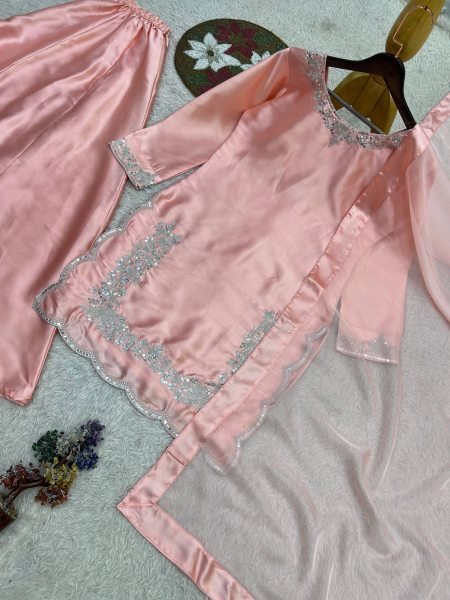 Mesmerizing Peach Designer Pure Devsena Silk Embroidery Sequin Top Plazzo Dupatta Set Ready To Wear Collection